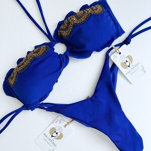 NWT Strapless Sexy Blue Colombian Handmade Bikini Set Beaded Swimwear Swimsuit